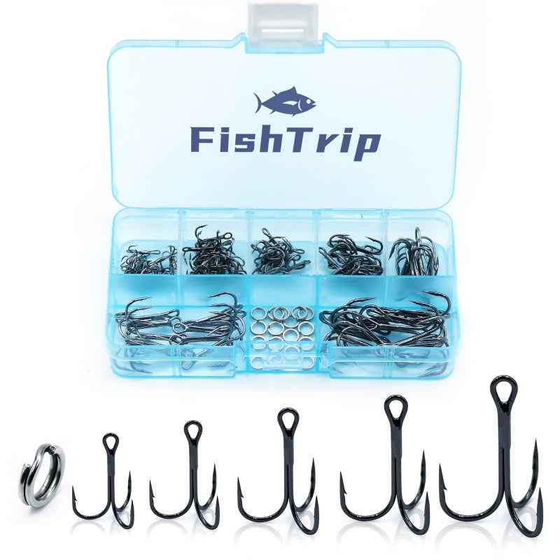 FishTrip 90pcs Fishing Treble Hooks with Split Rings,7 Sizes High Carbon Steel Brabed Sharp Triple Hook,Replacement Fishing Hooks on Hard Lures for Freshwater Saltwater - Image 1